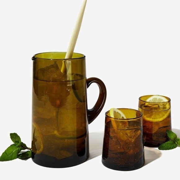 Moroccan 4 Piece Hand-blown Amber Glass Pitcher and Glasses Set - Picture 1 of 14